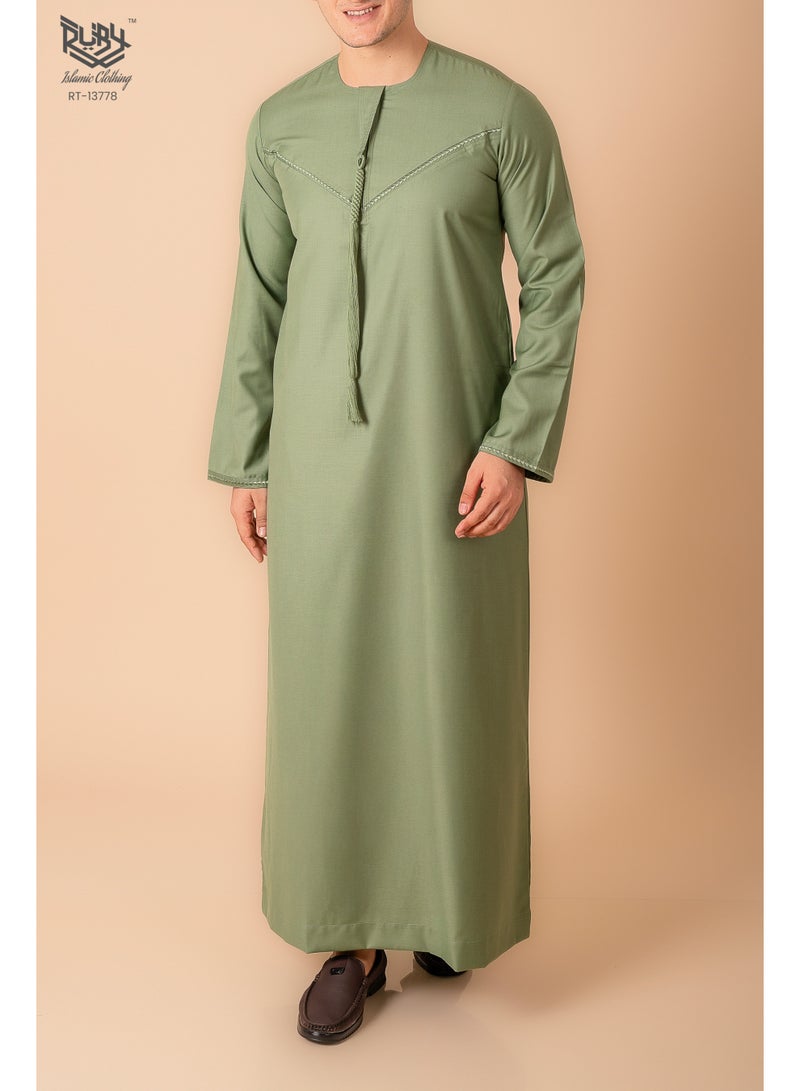 RUBY ISLAMIC CLOTHING Classic Sage Green Emirati Kandura Thobe for Men with Zipper & Intricate Embroidery Men's Kaftan Round Neck Long Sleeve Saudi Arabian Muslin Robe - Image 1