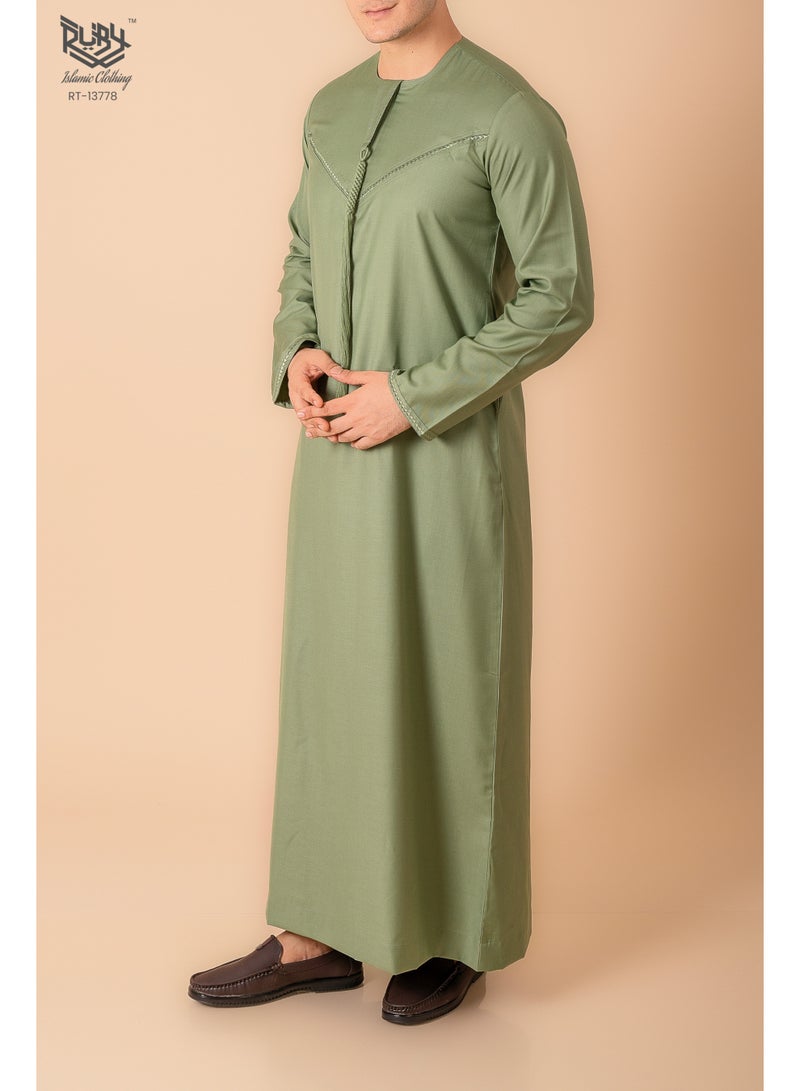 RUBY ISLAMIC CLOTHING Classic Sage Green Emirati Kandura Thobe for Men with Zipper & Intricate Embroidery Men's Kaftan Round Neck Long Sleeve Saudi Arabian Muslin Robe - Image 2