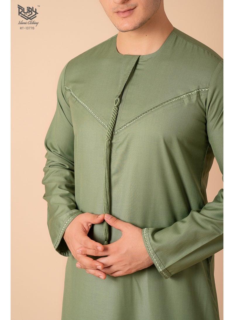 RUBY ISLAMIC CLOTHING Classic Sage Green Emirati Kandura Thobe for Men with Zipper & Intricate Embroidery Men's Kaftan Round Neck Long Sleeve Saudi Arabian Muslin Robe - Image 4