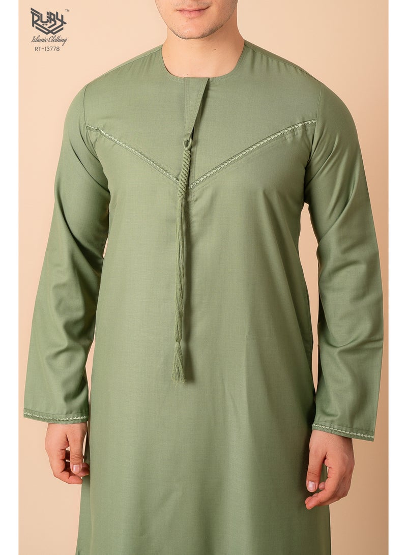 RUBY ISLAMIC CLOTHING Classic Sage Green Emirati Kandura Thobe for Men with Zipper & Intricate Embroidery Men's Kaftan Round Neck Long Sleeve Saudi Arabian Muslin Robe - Image 3