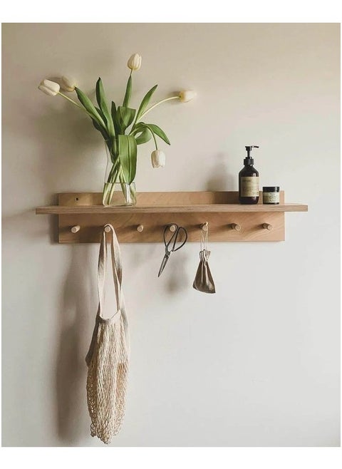 Wooden shelf with hanging hooks for bags and keys