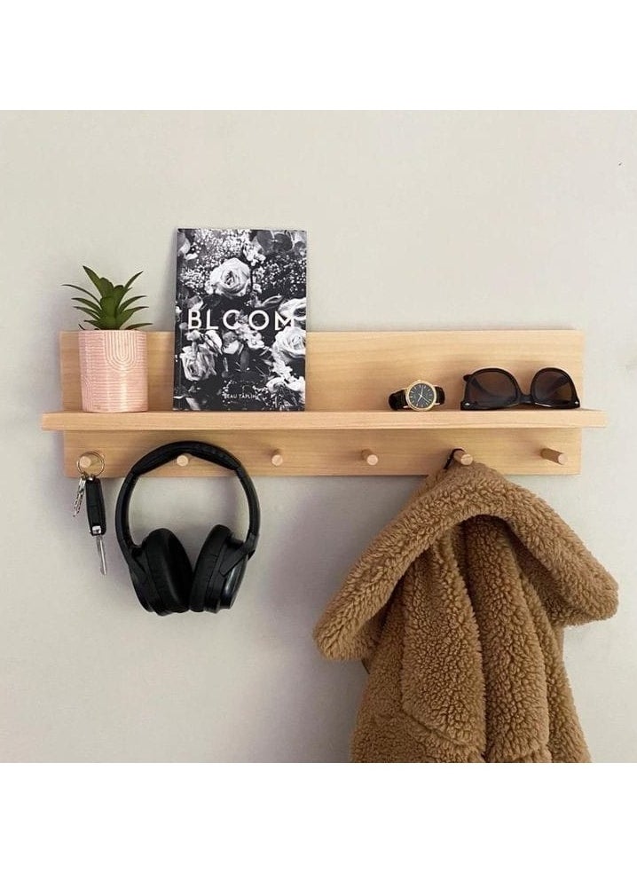 Generic - Wooden shelf with hanging hooks for bags and keys - Image 1