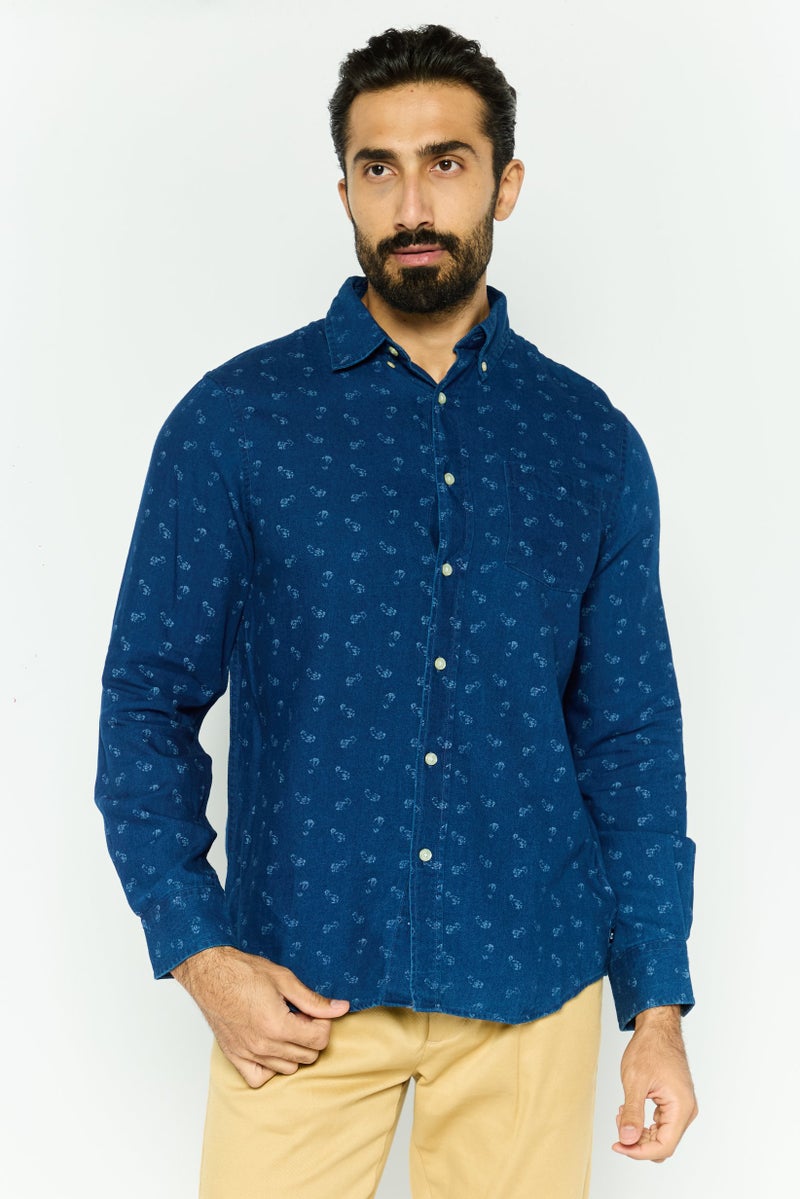 Chaps Men Regular Fit Long Sleeve All Over Printed Casual Shirt, Navy - Image 1