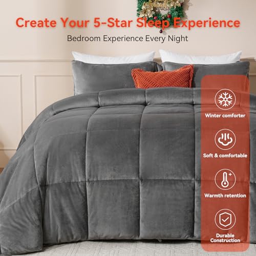 STWIENER Super King Comforter Duvet Insert 120"x98" - Marshmallow Comforter, Plush Fluffy Heavy Winter Flannel, Extra Large Breathable Microfiber with 8 Corner Tabs, All Seasons Warm Bedding (Grey) - Image 5