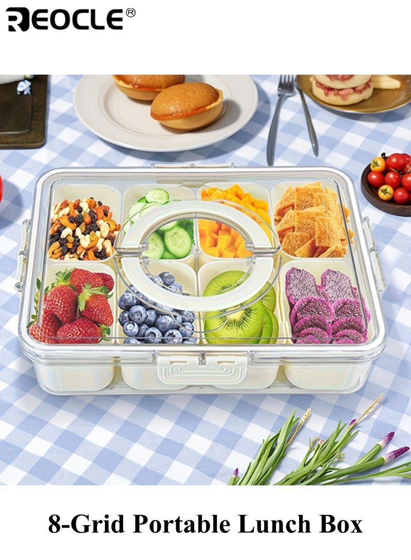 REOCLE 8-Grid Portable Snack Takeout Container Lunch Box Removable Lid Handle Separation Tray for Picnic Party School Snacks Refrigerator Freshness Storage for Fruits Candy Nuts - Image 1