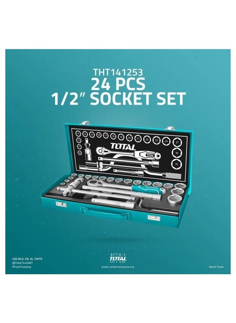 TOTAL - TOTAL  24 Pcs 1/2 Socket Set Tool Set Ratchet Socket Wrench Spanner Set Chrome Vanadium Hand Tool Kit 24 Pcs Set-THT141253 - Image 1