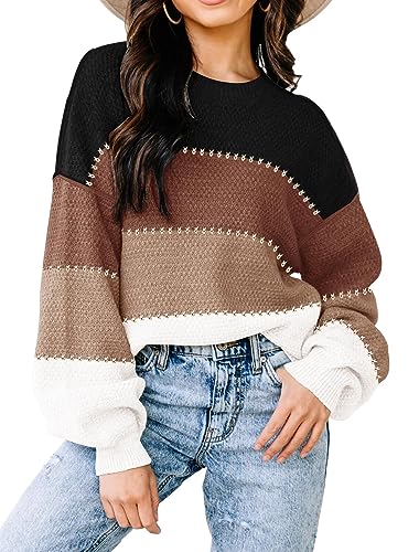 Disamer Womens Sweaters Fall 2025 Fashion Long Sleeve Color Block Oversized Sweater Trendy Casual Crew Neck Knitted Tops Pullover,Color Black,Medium - Image 1
