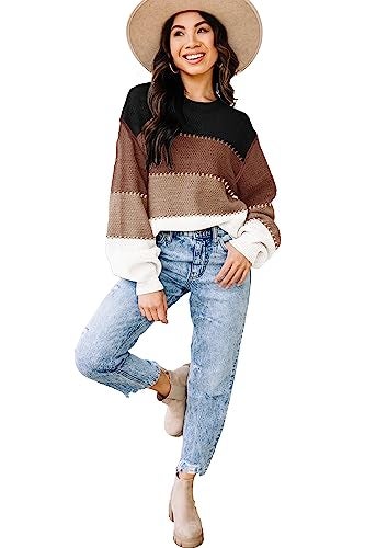 Disamer Womens Sweaters Fall 2025 Fashion Long Sleeve Color Block Oversized Sweater Trendy Casual Crew Neck Knitted Tops Pullover,Color Black,Medium - Image 2
