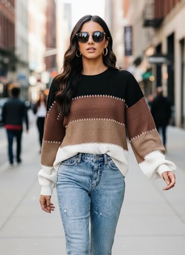 Disamer Womens Sweaters Fall 2025 Fashion Long Sleeve Color Block Oversized Sweater Trendy Casual Crew Neck Knitted Tops Pullover,Color Black,Medium - Image 5