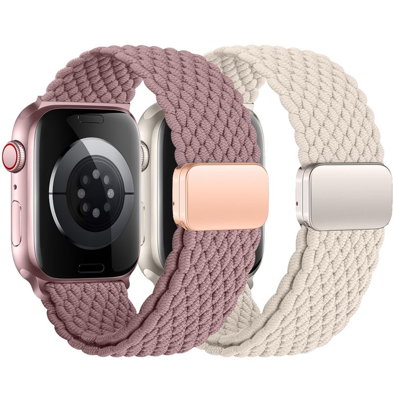 Wowstrap 2Pcs Magnetic Braided for Apple Watch Band 45mm 44mm 40mm 41mm Ultra/3/2 49mm 42mm 46mm 38mm Women/Men,Stretchy Elastic Nylon Sport Loop Strap for iWatch Bands series 11 10 9 8 7 6 5 4 3 se 3/2nd 40 - Image 1