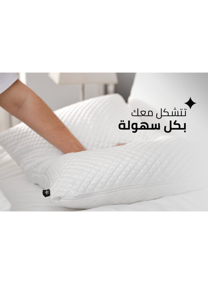 رهف أفضل مخدة للنوم من رهيف مناسبة للشتاء و الصيف وسادة نوم مريحة بتقنية التبريد في جهة و معتدلة فالجهة الاخرى بخامات ناعمة الملمس، و حشوة مزدوجة من الميموري فوم المجزأ، توفر راحة مستمرة بحجم 43×60 سم، عالية المرونة وقابلة للتعديل. - Image 4