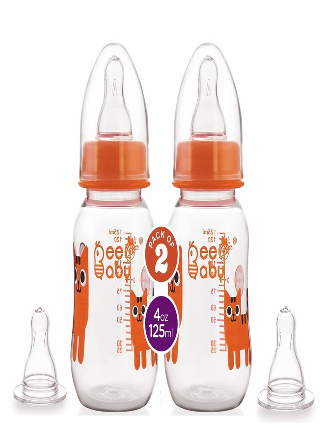 بي بيبي زجاجة رضاعة الأطفال BeeBaby Easy Start ذات العنق النحيف مع 4 حلمات سيليكون مضادة للمغص ذات ملمس لطيف للأطفال حديثي الولادة والرضع والأطفال الصغار، خالية من مادة BPA بنسبة 100%، مناسبة للأطفال من عمر 4 أشهر فما فوق (125 مل، برتقالي، عبوة من قطعتين) - Image 1