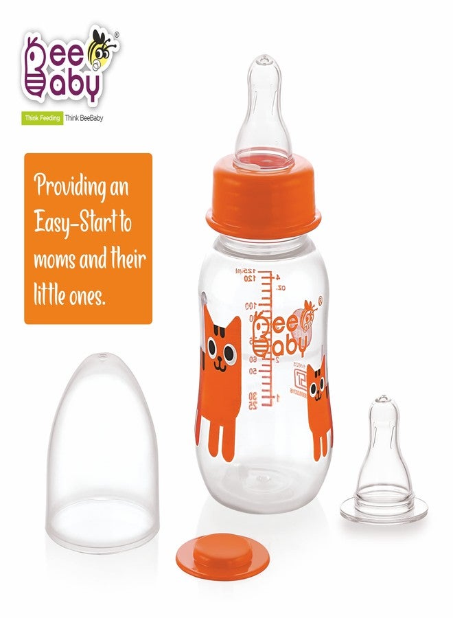 بي بيبي زجاجة رضاعة الأطفال BeeBaby Easy Start ذات العنق النحيف مع 4 حلمات سيليكون مضادة للمغص ذات ملمس لطيف للأطفال حديثي الولادة والرضع والأطفال الصغار، خالية من مادة BPA بنسبة 100%، مناسبة للأطفال من عمر 4 أشهر فما فوق (125 مل، برتقالي، عبوة من قطعتين) - Image 3