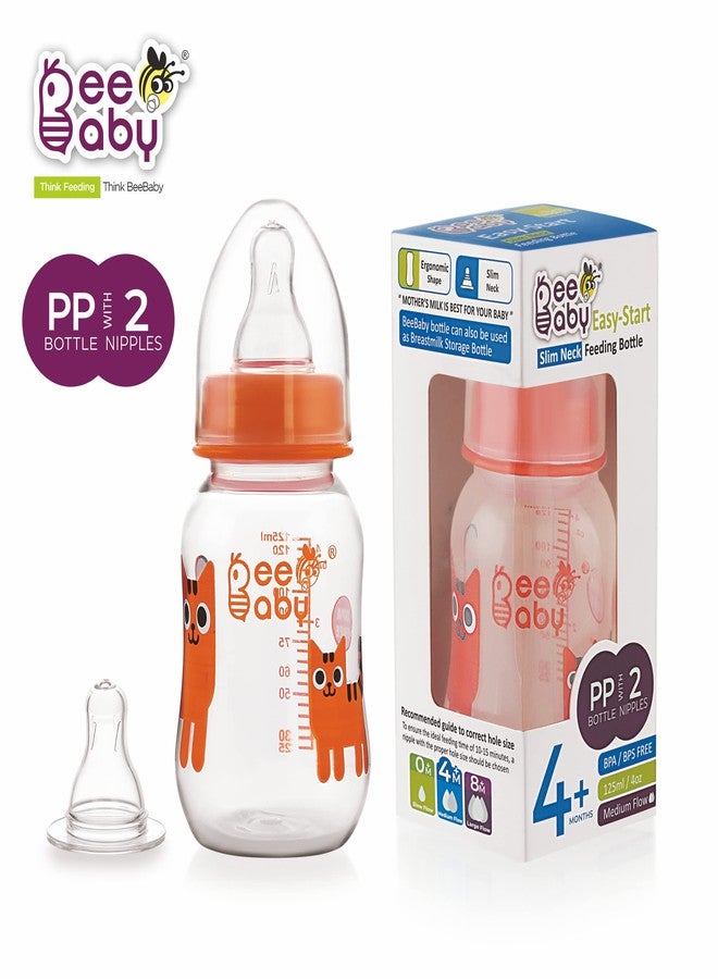 بي بيبي زجاجة رضاعة الأطفال BeeBaby Easy Start ذات العنق النحيف مع 4 حلمات سيليكون مضادة للمغص ذات ملمس لطيف للأطفال حديثي الولادة والرضع والأطفال الصغار، خالية من مادة BPA بنسبة 100%، مناسبة للأطفال من عمر 4 أشهر فما فوق (125 مل، برتقالي، عبوة من قطعتين) - Image 2