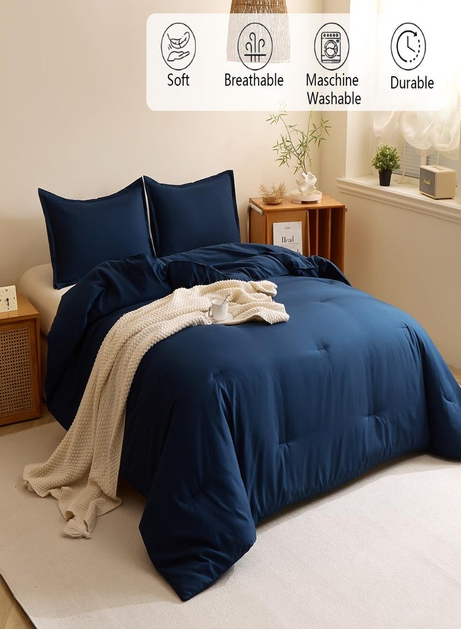 Caressma Navy Blue Comforter Queen Set Lightweight Microfiber Soft Hotel Bedding 3 Pieces with Pillow Shams Neutral Solid All Seasons - Image 2