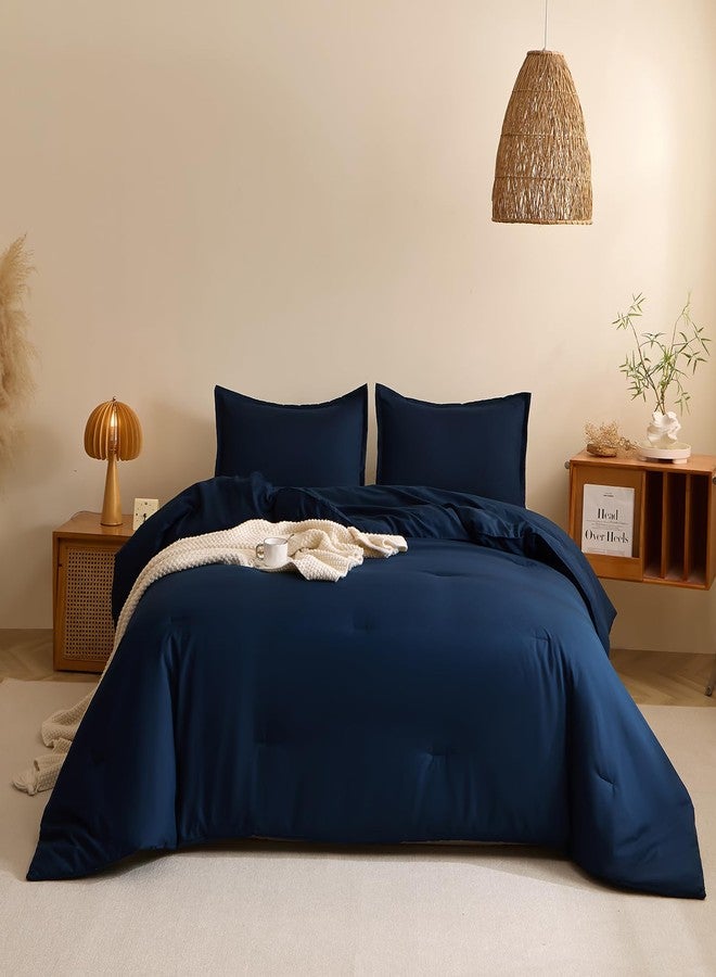 Caressma Navy Blue Comforter Queen Set Lightweight Microfiber Soft Hotel Bedding 3 Pieces with Pillow Shams Neutral Solid All Seasons - Image 1