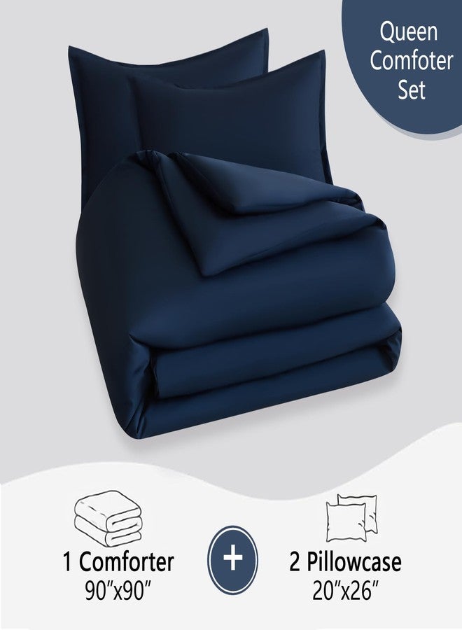 Caressma Navy Blue Comforter Queen Set Lightweight Microfiber Soft Hotel Bedding 3 Pieces with Pillow Shams Neutral Solid All Seasons - Image 4