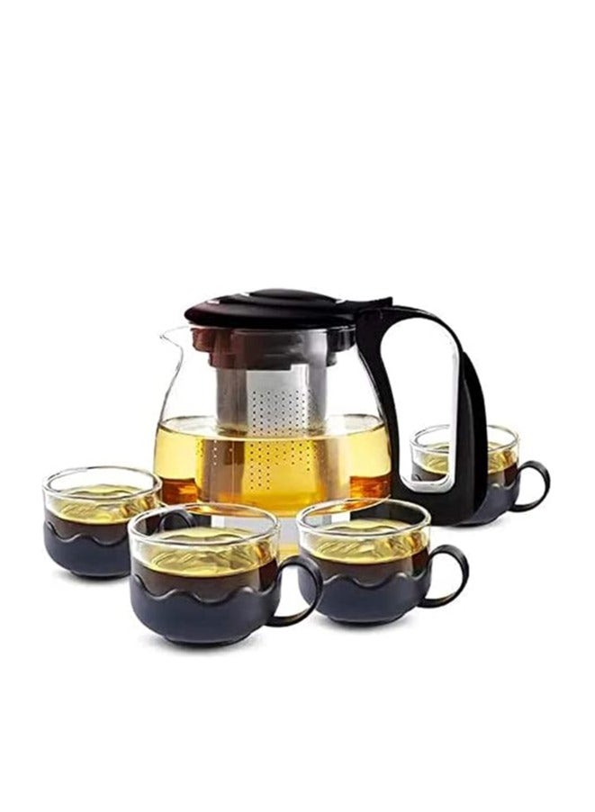 Five-Piece Glass Tea set, 1Teapot and 4 Cups,Teapot with Infuser, Home & Office Brewing Scented Tea and other Drinks