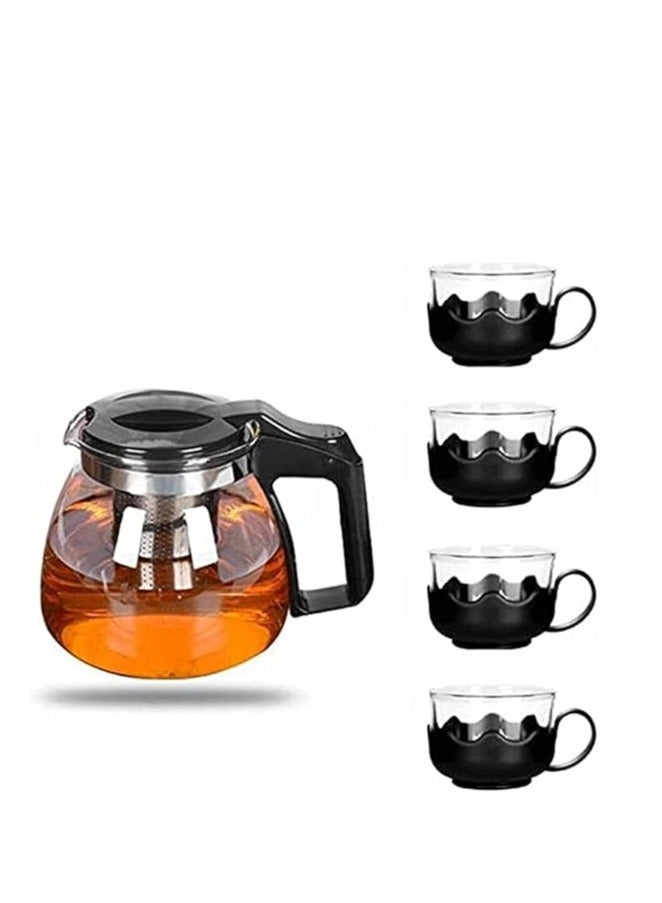 Five-Piece Glass Tea set, 1Teapot and 4 Cups,Teapot with Infuser, Home & Office Brewing Scented Tea and other Drinks