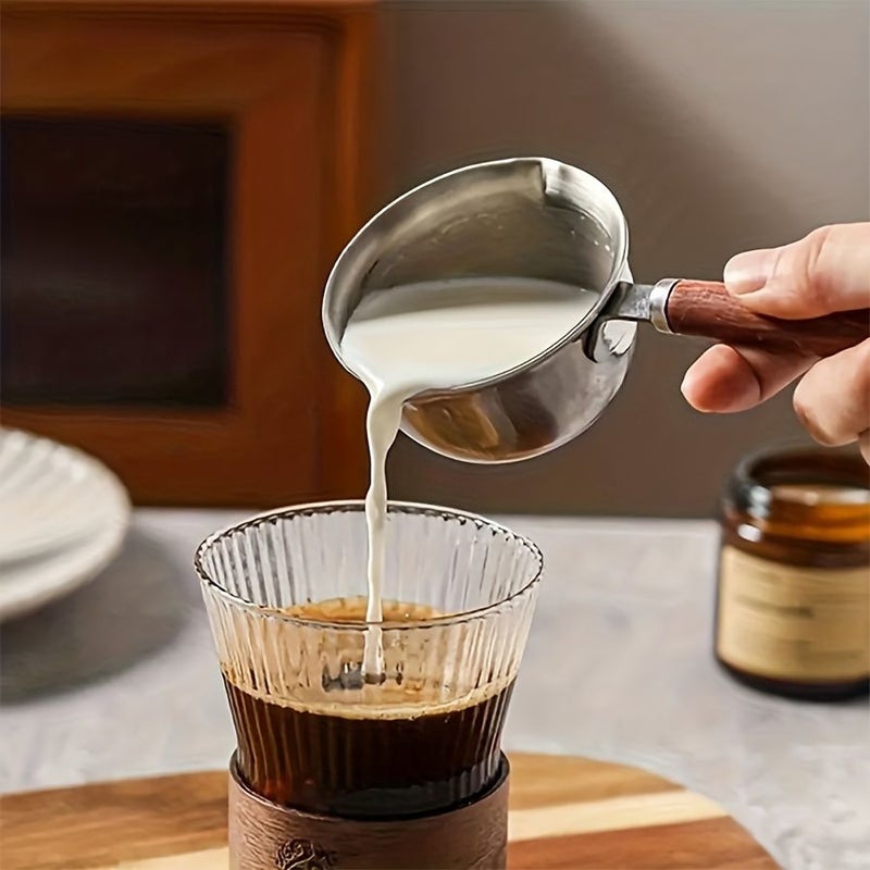 Stainless Steel Milk Pitcher With Wooden Handle 1pc For Coffee Espresso Milk Frothing Sauce Pot - Image 1