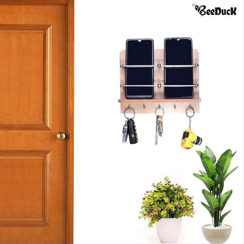 BeeDuck Wooden Double Mobile and Keys Hook Holder Stand for Mobile Charging, TV & AC Remote Holding and Keys Hanging at Home, Office, Bedroom, Hotel Wall Mount Multipurpose Stand - Image 2