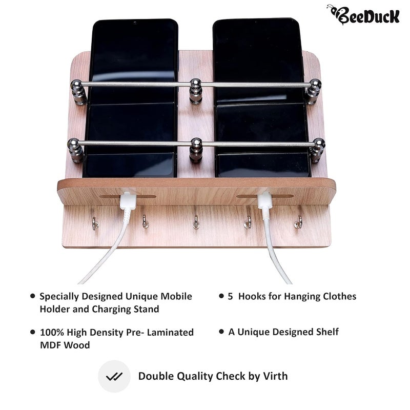 BeeDuck Wooden Double Mobile and Keys Hook Holder Stand for Mobile Charging, TV & AC Remote Holding and Keys Hanging at Home, Office, Bedroom, Hotel Wall Mount Multipurpose Stand - Image 5