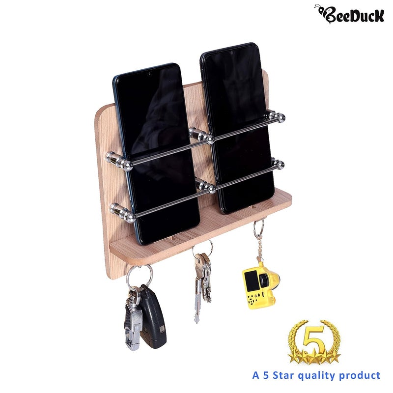BeeDuck Wooden Double Mobile and Keys Hook Holder Stand for Mobile Charging, TV & AC Remote Holding and Keys Hanging at Home, Office, Bedroom, Hotel Wall Mount Multipurpose Stand - Image 3