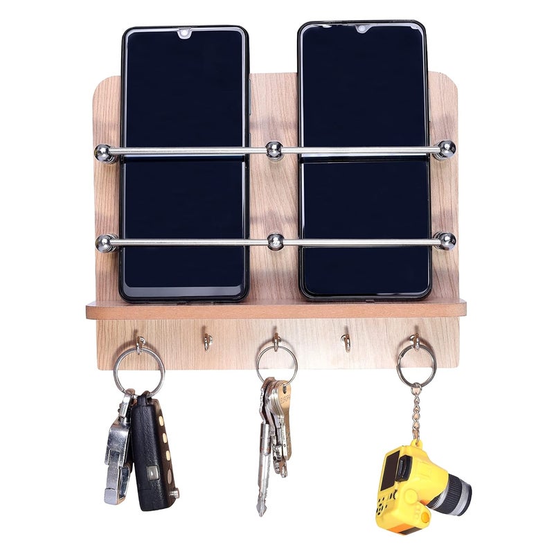 BeeDuck Wooden Double Mobile and Keys Hook Holder Stand for Mobile Charging, TV & AC Remote Holding and Keys Hanging at Home, Office, Bedroom, Hotel Wall Mount Multipurpose Stand - Image 1