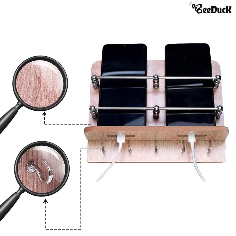 BeeDuck Wooden Double Mobile and Keys Hook Holder Stand for Mobile Charging, TV & AC Remote Holding and Keys Hanging at Home, Office, Bedroom, Hotel Wall Mount Multipurpose Stand - Image 4