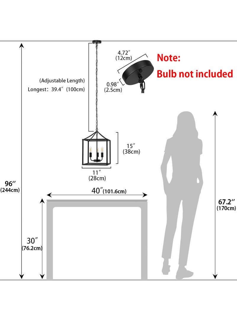 LOOPITYS Pendant Light（E12 3-lights） Cube Iron Pendant Light With 100cm Adjustable Chain Ceiling Hanging Lighting Lamp Metal Square Frame Fixture，Vintage Industrial Chandelier Matte Black Lantern For dining room Traditional Dining、Industrial Style Bar Restaurant - Image 3