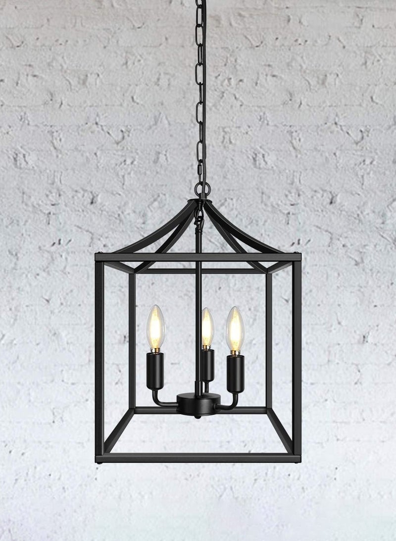 LOOPITYS Pendant Light（E12 3-lights） Cube Iron Pendant Light With 100cm Adjustable Chain Ceiling Hanging Lighting Lamp Metal Square Frame Fixture，Vintage Industrial Chandelier Matte Black Lantern For dining room Traditional Dining、Industrial Style Bar Restaurant - Image 1