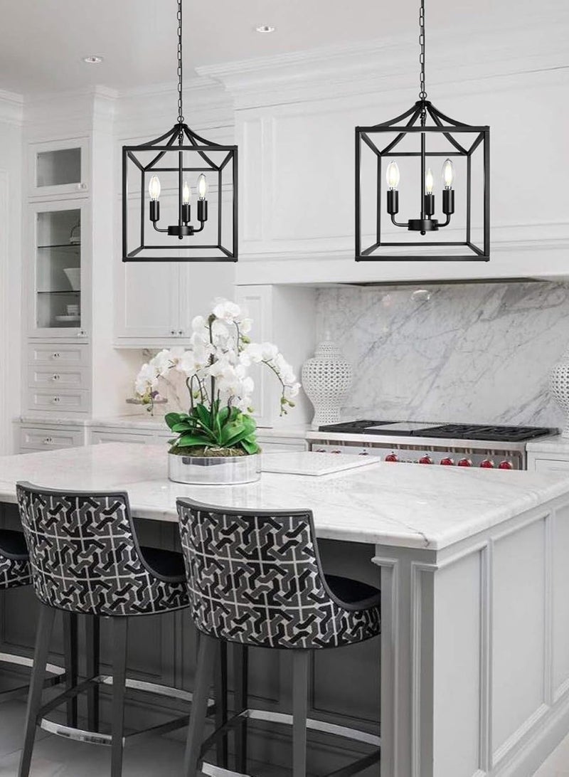 LOOPITYS Pendant Light（E12 3-lights） Cube Iron Pendant Light With 100cm Adjustable Chain Ceiling Hanging Lighting Lamp Metal Square Frame Fixture，Vintage Industrial Chandelier Matte Black Lantern For dining room Traditional Dining、Industrial Style Bar Restaurant - Image 2