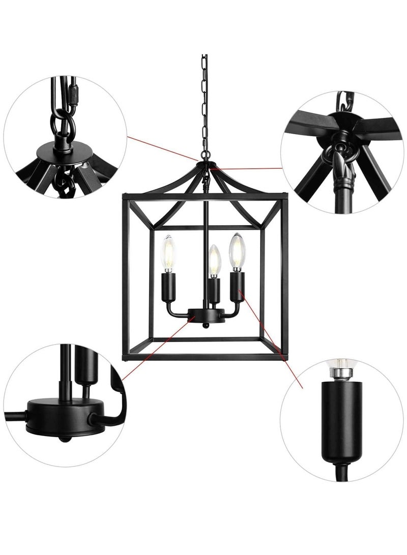 LOOPITYS Pendant Light（E12 3-lights） Cube Iron Pendant Light With 100cm Adjustable Chain Ceiling Hanging Lighting Lamp Metal Square Frame Fixture，Vintage Industrial Chandelier Matte Black Lantern For dining room Traditional Dining、Industrial Style Bar Restaurant - Image 4