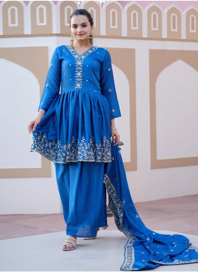 Generic Designer Blue Embroidered Chinnon Sharara Suit with sequence Heavy embroidered work  - Image 2