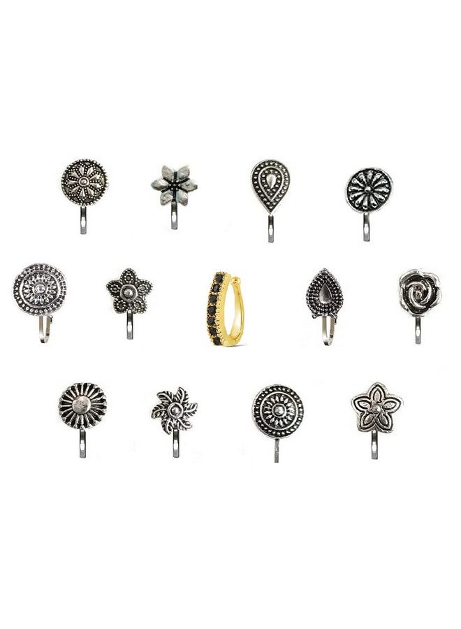 VAMA FASHIONS Without Piercing Nosering Pressing Type Clip on Oxidised Silver nose pin Stud for women (Oxidised nose stud) - Image 1