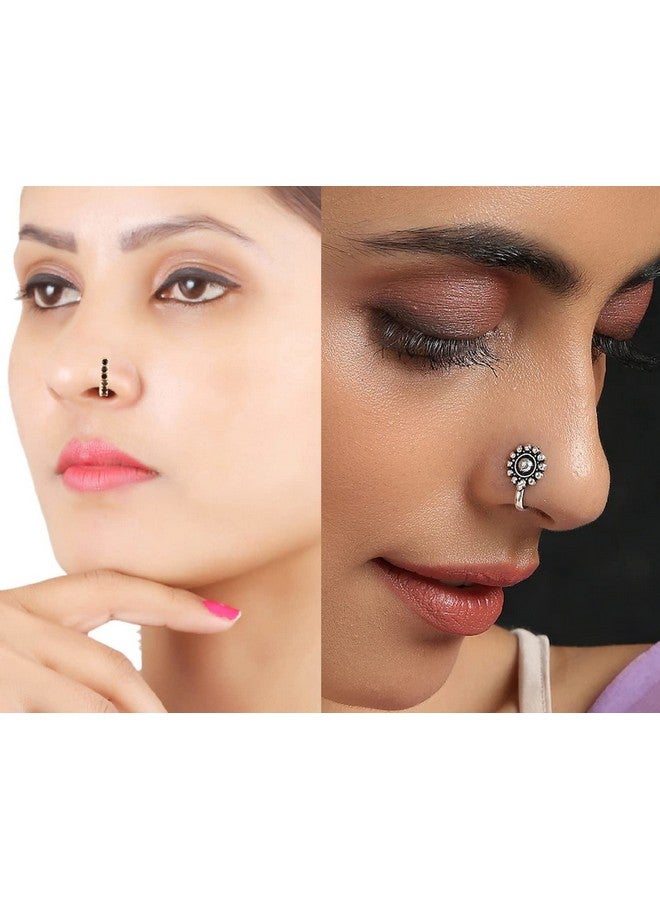 VAMA FASHIONS Without Piercing Nosering Pressing Type Clip on Oxidised Silver nose pin Stud for women (Oxidised nose stud) - Image 3