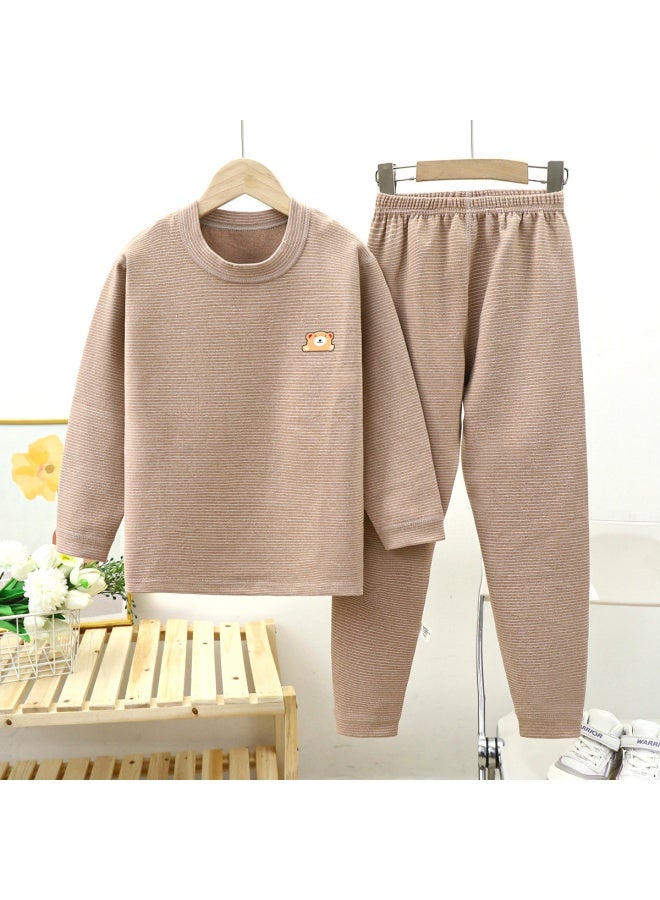 Children's Boneless German Velvet Mid-high Collar  Clothes And Long Trousers Set For Men And Women Stripesd Thickeneded Thermal Intimates Set