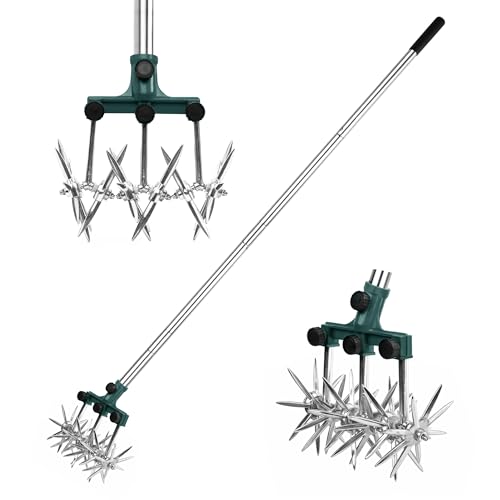 BARAYSTUS Rotary Cultivator Garden Rotary Tiller Adjustable Stainless Steel Poles Hand Tiller for Soil Mixing or Reseeding Grass Lawn Tiller Total Length 57 Inch - Image 1