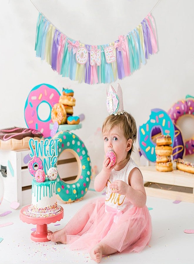 UOAOU Donut 1 Years Old Birthday Banner - Sweet One Birthday Party Decorations, Soft Ribbon Ballet Skirt Set, Rainbow High Chair Garland, Sweet One Year Cake Crush Party Decoration - Image 3