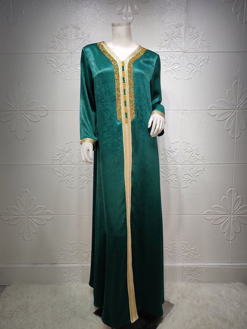 AB073 2026 Moroccan Velvet Rhinestone Dress with Ribbon Trim - Plus Size - Green
