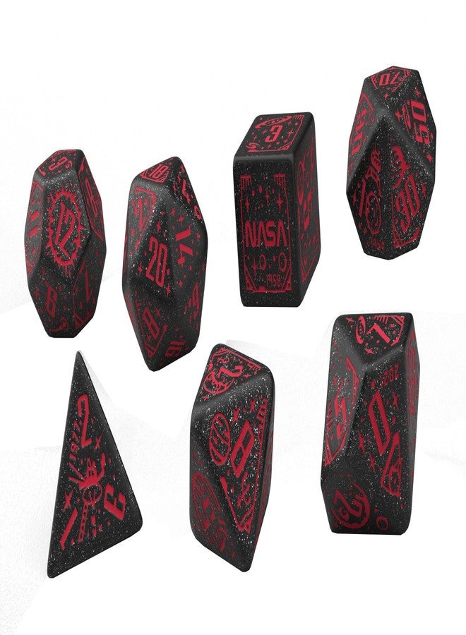 Q WORKSHOP Q-Workshop Space Dice Set Voyager RPG Dice - Shimmering Black with Red Engravings - Ideal for Tabletop Games & RPGs - 7 Polyhedral Dice - (D4, D6, D8, 2D10, D12, D20) - Image 3