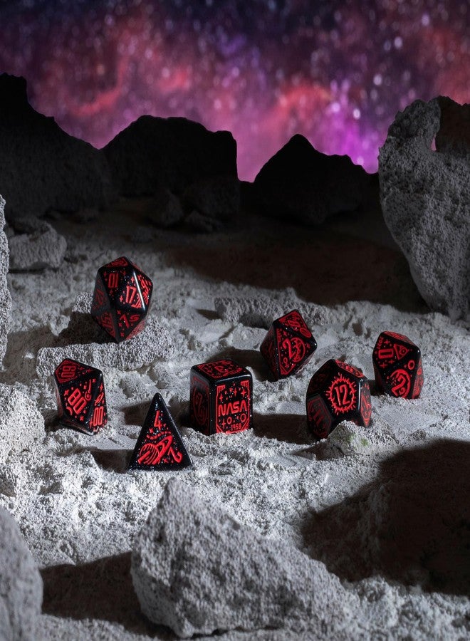 Q WORKSHOP Q-Workshop Space Dice Set Voyager RPG Dice - Shimmering Black with Red Engravings - Ideal for Tabletop Games & RPGs - 7 Polyhedral Dice - (D4, D6, D8, 2D10, D12, D20) - Image 4