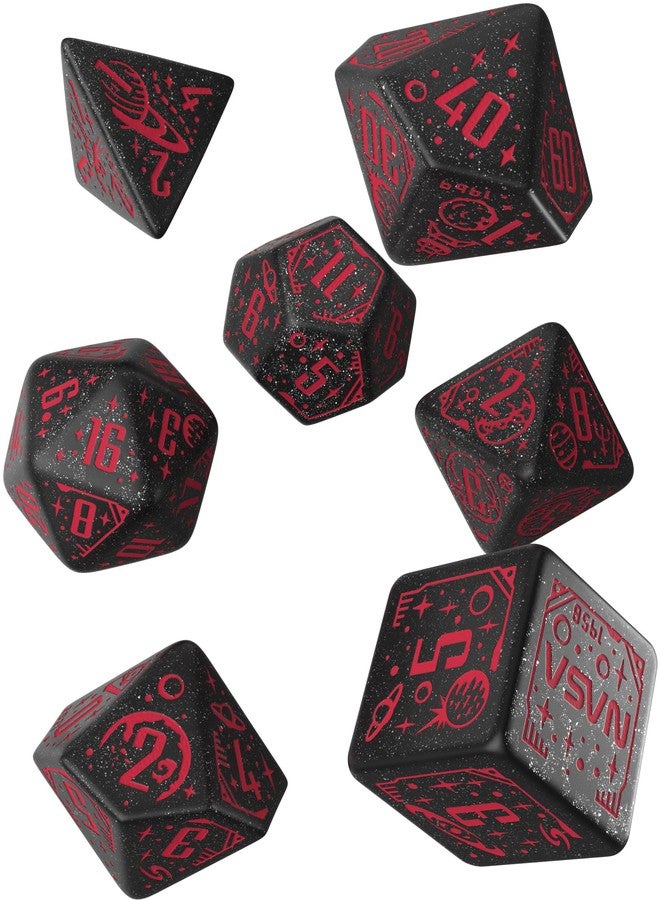 Q WORKSHOP Q-Workshop Space Dice Set Voyager RPG Dice - Shimmering Black with Red Engravings - Ideal for Tabletop Games & RPGs - 7 Polyhedral Dice - (D4, D6, D8, 2D10, D12, D20) - Image 2
