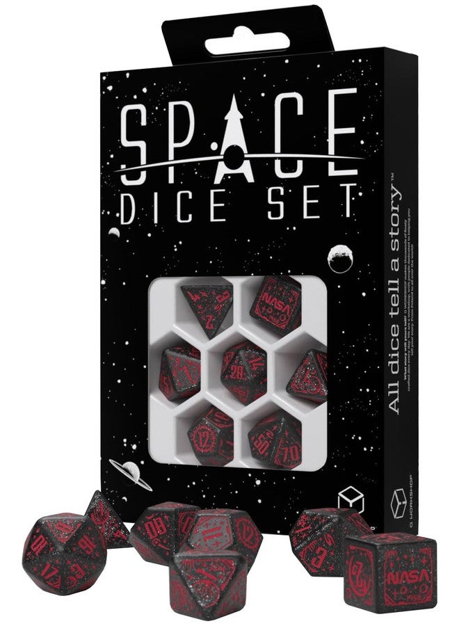 Q WORKSHOP Q-Workshop Space Dice Set Voyager RPG Dice - Shimmering Black with Red Engravings - Ideal for Tabletop Games & RPGs - 7 Polyhedral Dice - (D4, D6, D8, 2D10, D12, D20) - Image 1