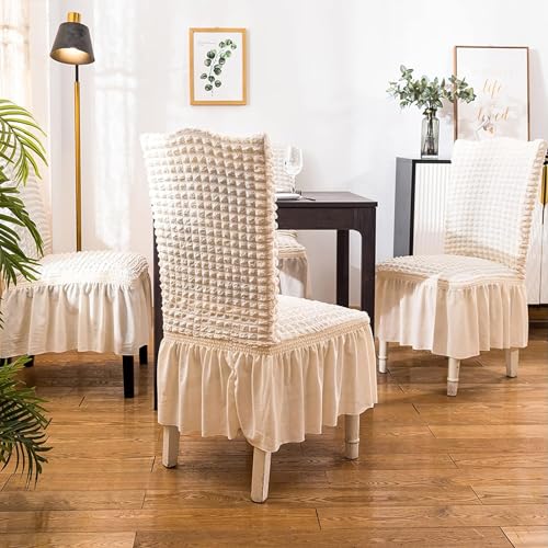 House of Quirk Polyester Turkish Bubble Frill Chair Cover Stretch Removable Washable Short Dining Chair Cover Protector Seat Slipcover (Coffee, Pack Of 2) - Image 5