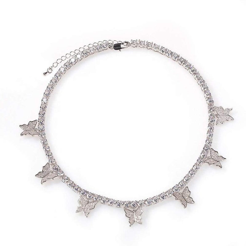 Jacruces Butterfly Necklace Tennis Chain Butterfly Choker Bling Iced CZ Butterfly Necklace Silver Women (16, 3mm-Silver)