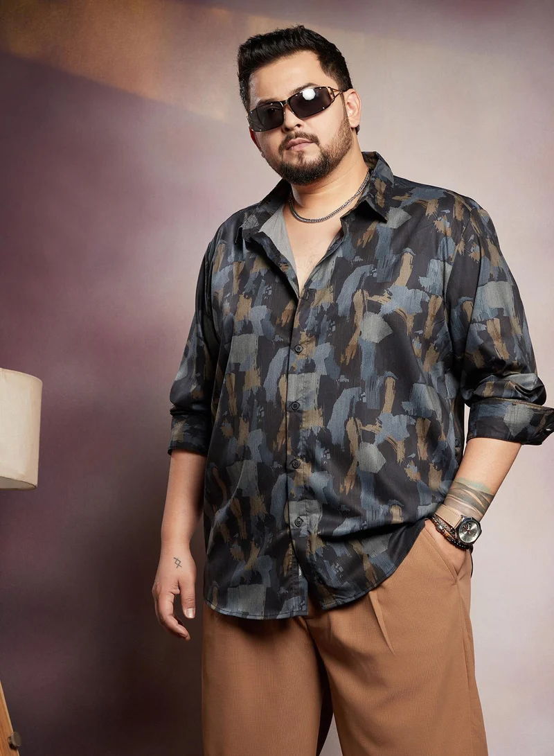 Instafab Plus Instafab Plus Men's Blue & Grey Fray-Stroke Imprint Shirt For Casual Wear | Spread Collar | Long Cuffed Sleeves | Button Closure | Plus Size Shirt Crafted With Comfort Fit For Everyday Wear