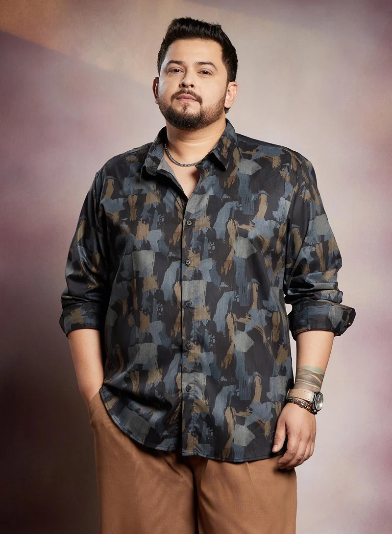 Instafab Plus Instafab Plus Men's Blue & Grey Fray-Stroke Imprint Shirt For Casual Wear | Spread Collar | Long Cuffed Sleeves | Button Closure | Plus Size Shirt Crafted With Comfort Fit For Everyday Wear