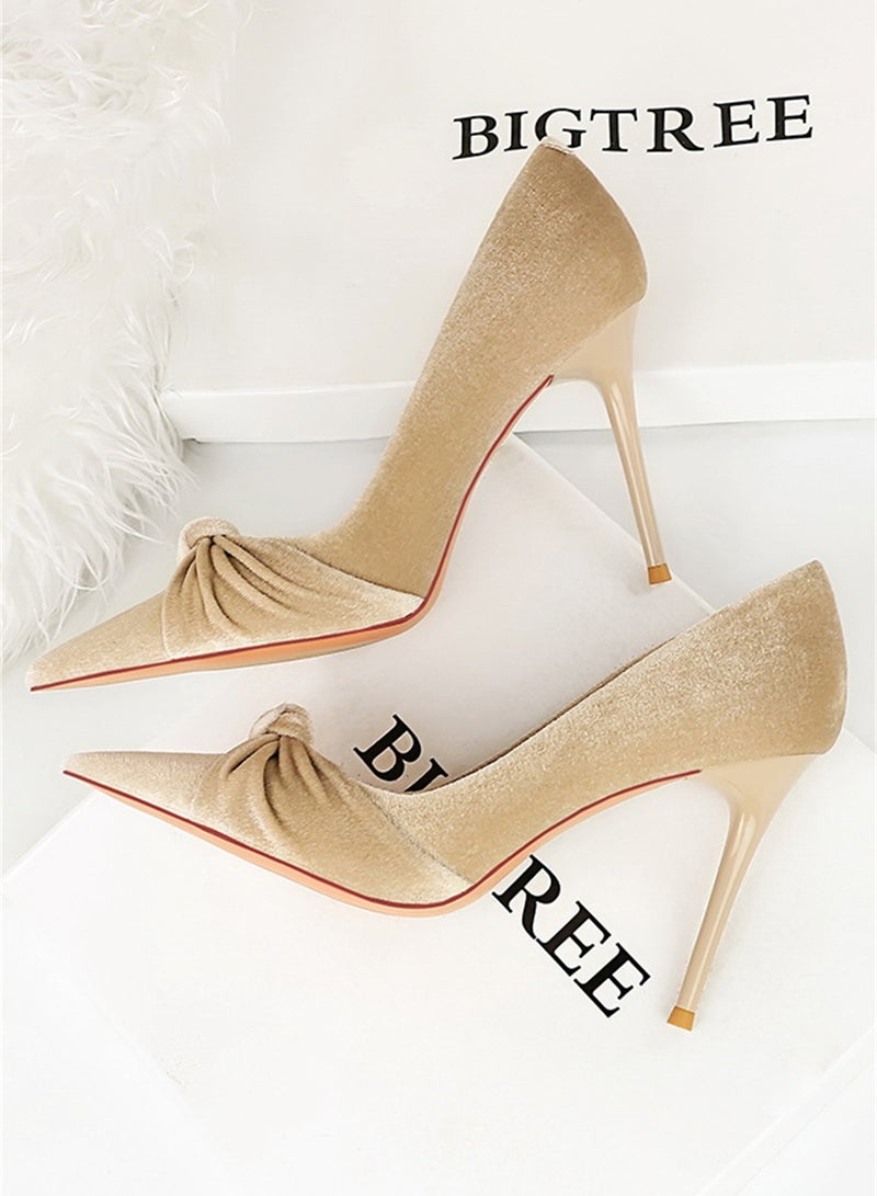 بيج تري نمط طرف عال كعب خفيّ يفتح إصبع قدم فرو القوس وحيد حذاء 10CM بيج - Image 2