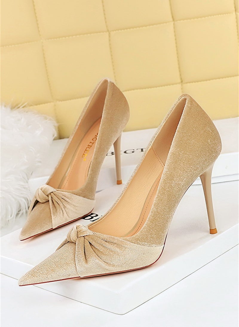 بيج تري نمط طرف عال كعب خفيّ يفتح إصبع قدم فرو القوس وحيد حذاء 10CM بيج - Image 1